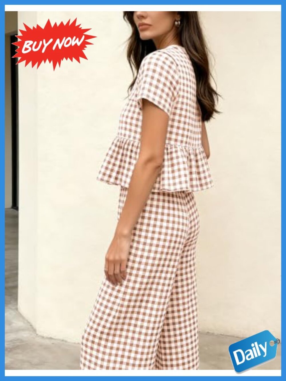Gingham Plaid Two-Piece Set Ruffle Top Wide Leg Pants - Picture 3 of 4